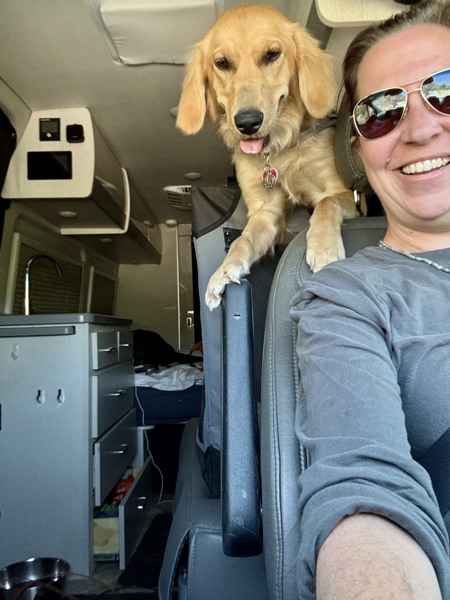 Kaia riding shotgun in the van