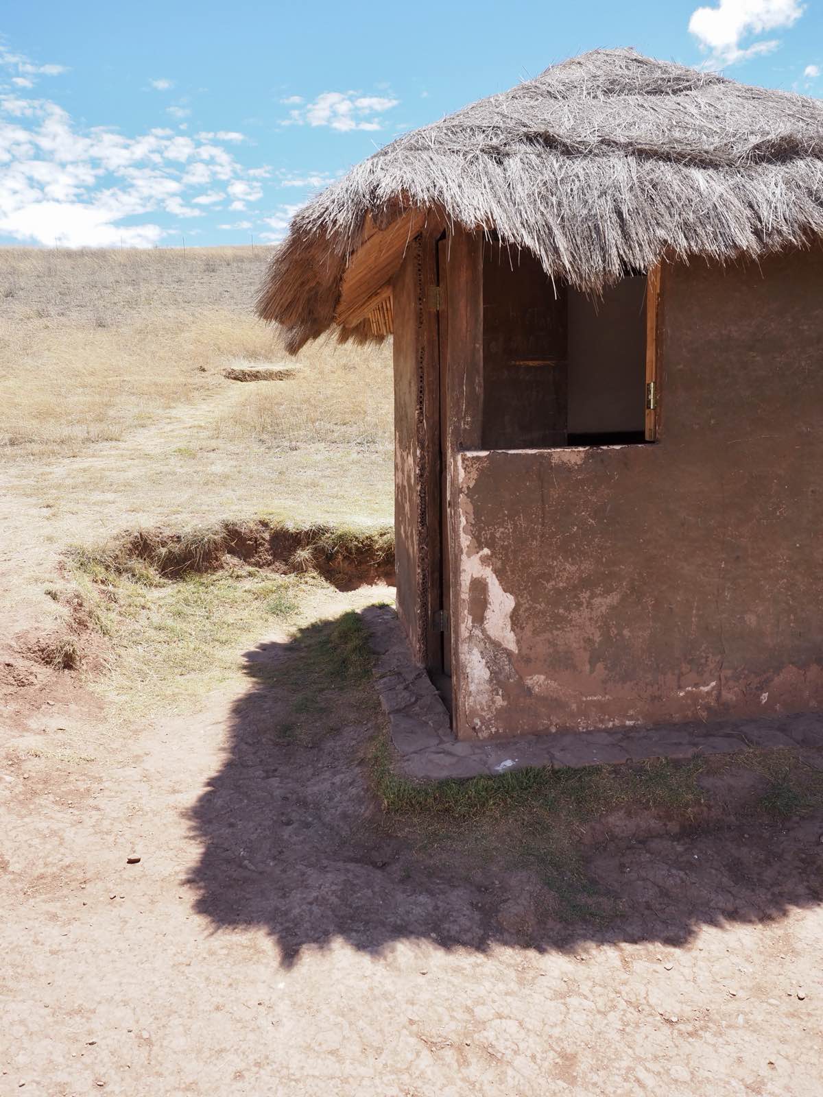 An adobe hut with a thatched roof on dry grassland